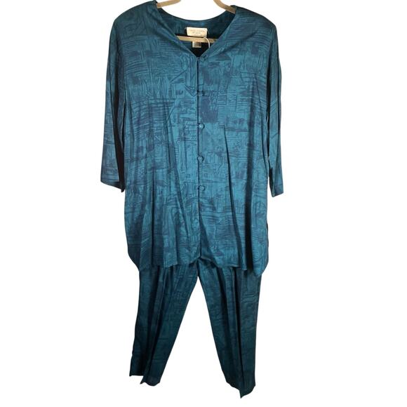 Casual‎ Corner Woman Teal Abstract Rayon 2‑Piece Set 1X USA Made Retro 80's 90's - Picture 1 of 16